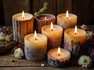 Handmade Rustic Candles on Wooden Table