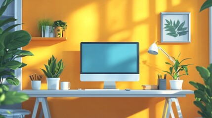 Modern home office setup with plants and sunlight illuminating a yellow wall