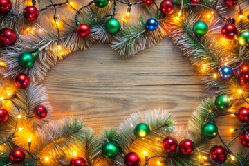 Christmas wreath holiday border with ornaments and lights on wood background