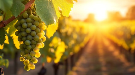 Fototapeta premium A Bunch of Green Grapes Hanging from a Vine in a Vineyard at Sunset