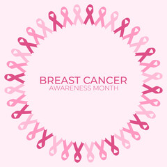 Round frame from pink ribbons for breast cancer awareness month. Vector banner, background, poster, card for women's support, solidarity, togetherness, hope, help, prevention.