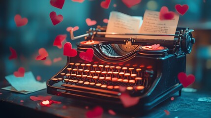Close-up shot of a vintage typewriter with glowing love letters scattered around, romance novel pages fluttering in the wind