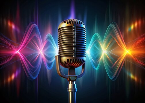 Vintage Microphone with Sound Waves on Dark Background for Podcast Banner