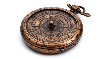 A brass astrolabe used for navigation isolated on white background. 