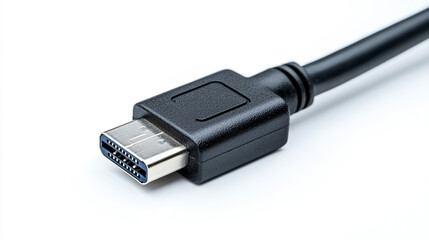 Detailed view of a USB cable connector on a white background showcasing its port design