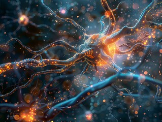 A Detailed 3D Render of a Glowing Neuron