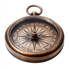 A bronze compass with a detailed face isolated on white background. 