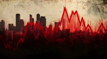 A stylized skyline features a red, pulsating graph overlay, symbolizing urban growth or economic fluctuations against a textured background.