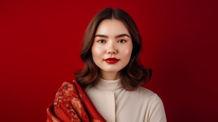 Fototapeta premium Portrait of Russian woman with floral red shawl