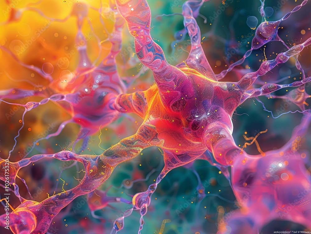 Poster abstract representation of a neuron with colorful dendrites