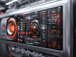 Obraz premium Futuristic smart home control panel of home appliances, sleek and modern digital interfaces perfect to create product designs or as part of smart home technology advertisements to attract consumers.