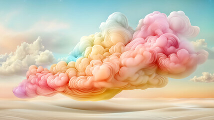 Brightly colored clouds floating over dreamlike landscape create whimsical and serene atmosphere. soft pastel hues evoke sense of wonder and tranquility