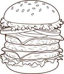 A simple drawing of a hamburger vector, Cheeseburger Line Art