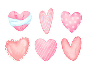 Set of blue watercolor hearts isolated on white background. Wedding or Valentine's Day design template. Love card, banner, love concept. Hand drawings of various blue hearts isolated.