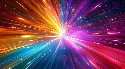 Colorful light streaks radiating from a central point, creating a vibrant burst of energy against a dark background