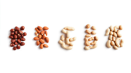 A variety of nuts displayed in a colorful arrangement on a white background