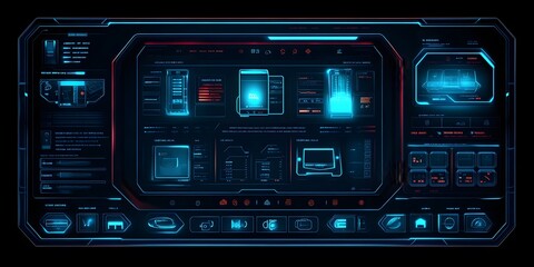 Futuristic smart home control panel of home appliances, sleek and modern digital interfaces perfect to  create product designs or as part of smart home technology advertisements to attract consumers.