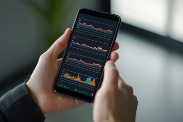 A person holds a smartphone displaying financial graphs and charts, indicating investment or trading activities in a modern setting.