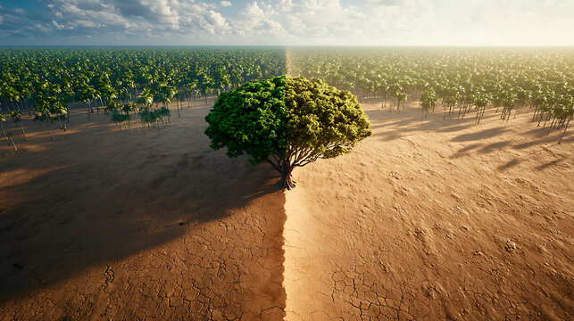 striking image of tree standing at boundary between lush green forest and dry, cracked desert landscape, symbolizing transition between two contrasting environments