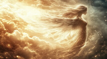 Fototapeta premium A captivating angel with long, silky hair and stunning white wings, surrounded by glowing clouds in the peaceful heavens