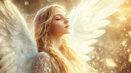 Enchanting angel with mesmerizing beauty, long flowing hair, and elegant white wings, surrounded by light in the skies of heaven