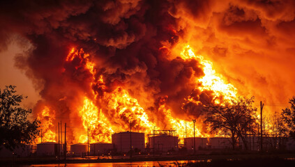 Massive fire engulfing industrial oil refinery at twilight