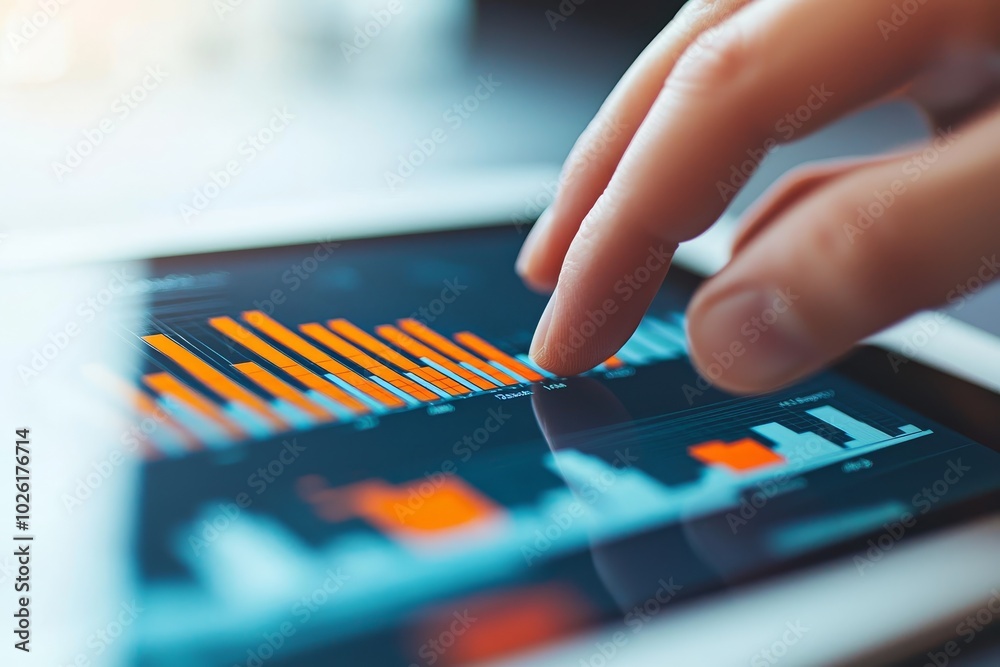 Poster a person interacts with a touchscreen tablet displaying colorful graphs and data visualizations, sho