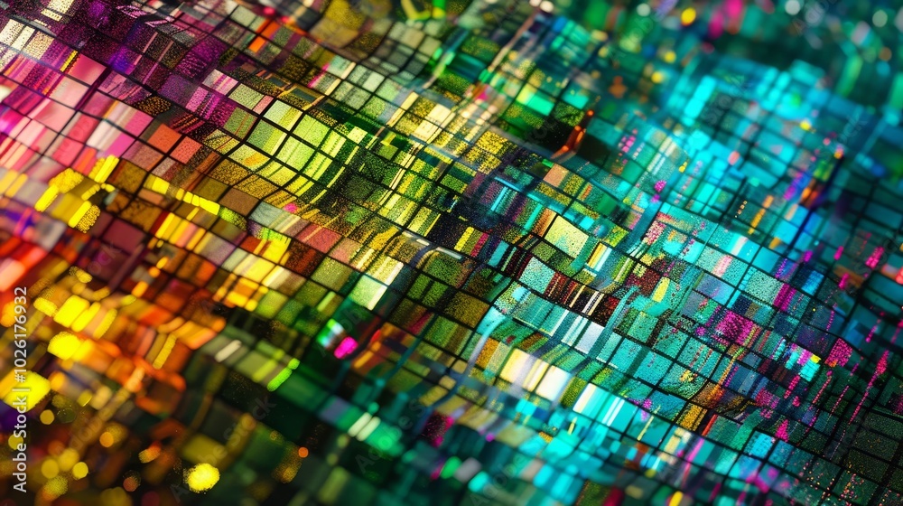 Wall mural vibrant abstract patterns displayed in a colorful mosaic style with shimmering light effects and ref