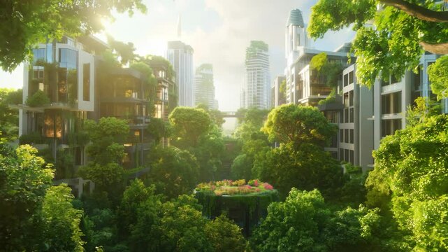 Futuristic green city mock-up surrounded by lush trees, showcasing eco-friendly design