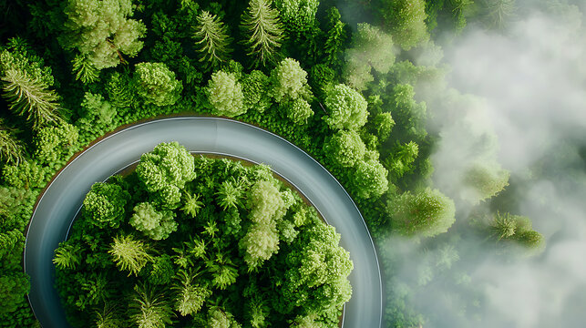 winding road curves through dense green forest, surrounded by lush trees and morning mist, creating serene and tranquil atmosphere