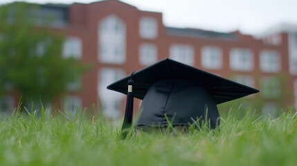 Graduation cap on grass, university building in background,
