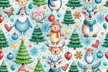 Whimsical Watercolor Christmas Seamless Pattern Featuring Adorable Animals for Kids Decor