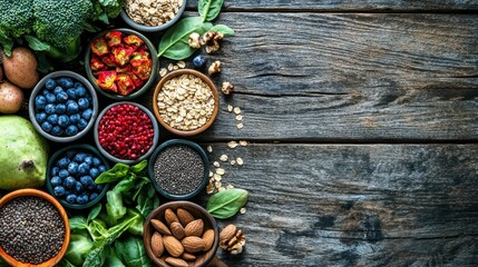 Fototapeta premium photograph of Top view fruit, vegetable, seeds, superfood, cereal, leaf vegetable on old wood background telephoto lens summer daylight cool color