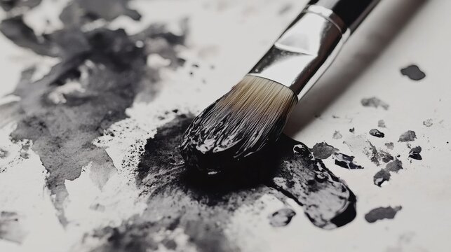 close-up of a watercolor brush with a splash of paint on a white palette soft shadows minimalist composition  ideal for art-related content and hobby blogs.