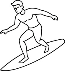 Surfing continuous line drawing of surfer and waves. Surfing in sea hand drawn minimalism style. The concept of surfing and sea sports outline vector art and illustration design.