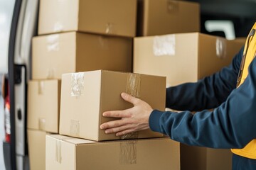 A person is unloading cardboard boxes from a delivery van, showcasing logistics and parcel handling.