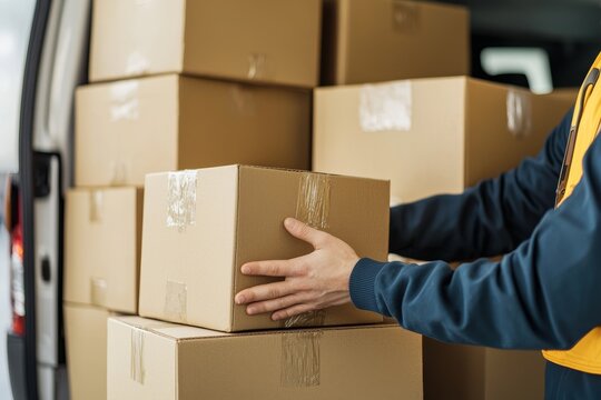 A person is unloading cardboard boxes from a delivery van, showcasing logistics and parcel handling.