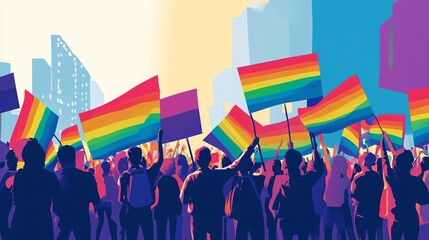 A group of activists holding a peaceful protest for LGBTQ+ rights, with colorful banners and flags