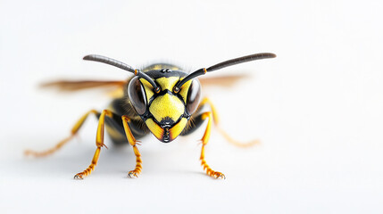 Close-up view of a yellow and black insect on a white background, showcasing its detailed features