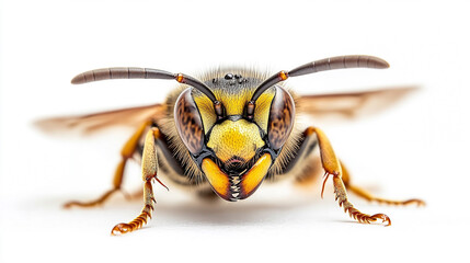 Close-up of a bee showcasing intricate details of its body and facial features on a white background