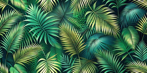 A seamless vector art pattern featuring silhouettes of palm leaves in a vibrant jungle style, perfect for tropical-themed design projects and creative applications.