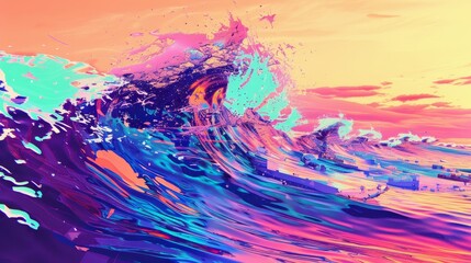 Vibrant abstract wave crashing against the shore at sunset with bright colors and dynamic brush strokes