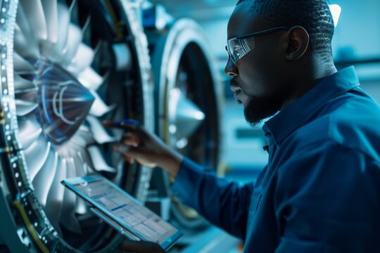 Technician inspecting a jet engine component in a well-equipped aerospace workshop during daylight hours