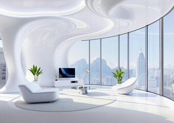 Interior design of modern living room in white colors , large panoramic closed terrace on the top floor, luxury penthouse with cityscape view.