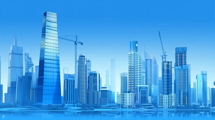 Fototapeta premium Urban Business District with Modern Glass Building and Clear Blue Sky, Industrial Construction Scene