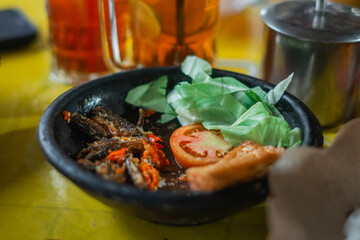spicy fish and tempeh fried with raw veggie, indonesian cuisine food