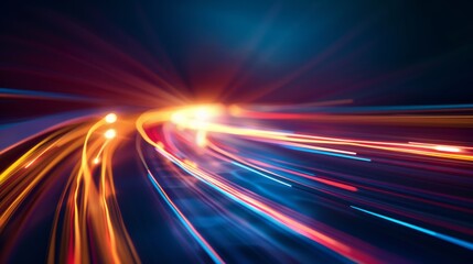 Light trails from moving vehicles at night create a dynamic display of colors on the street