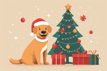 Festive dog with christmas tree and gifts