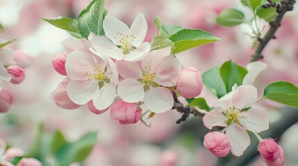 Obraz premium A branch of delicate apple blossoms with soft pink petals and fresh green leaves.