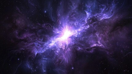 A breathtaking cosmic scene in a vast galaxy where shades of purple and blue dominate the space. The image captures a dramatic, ethereal atmosphere 